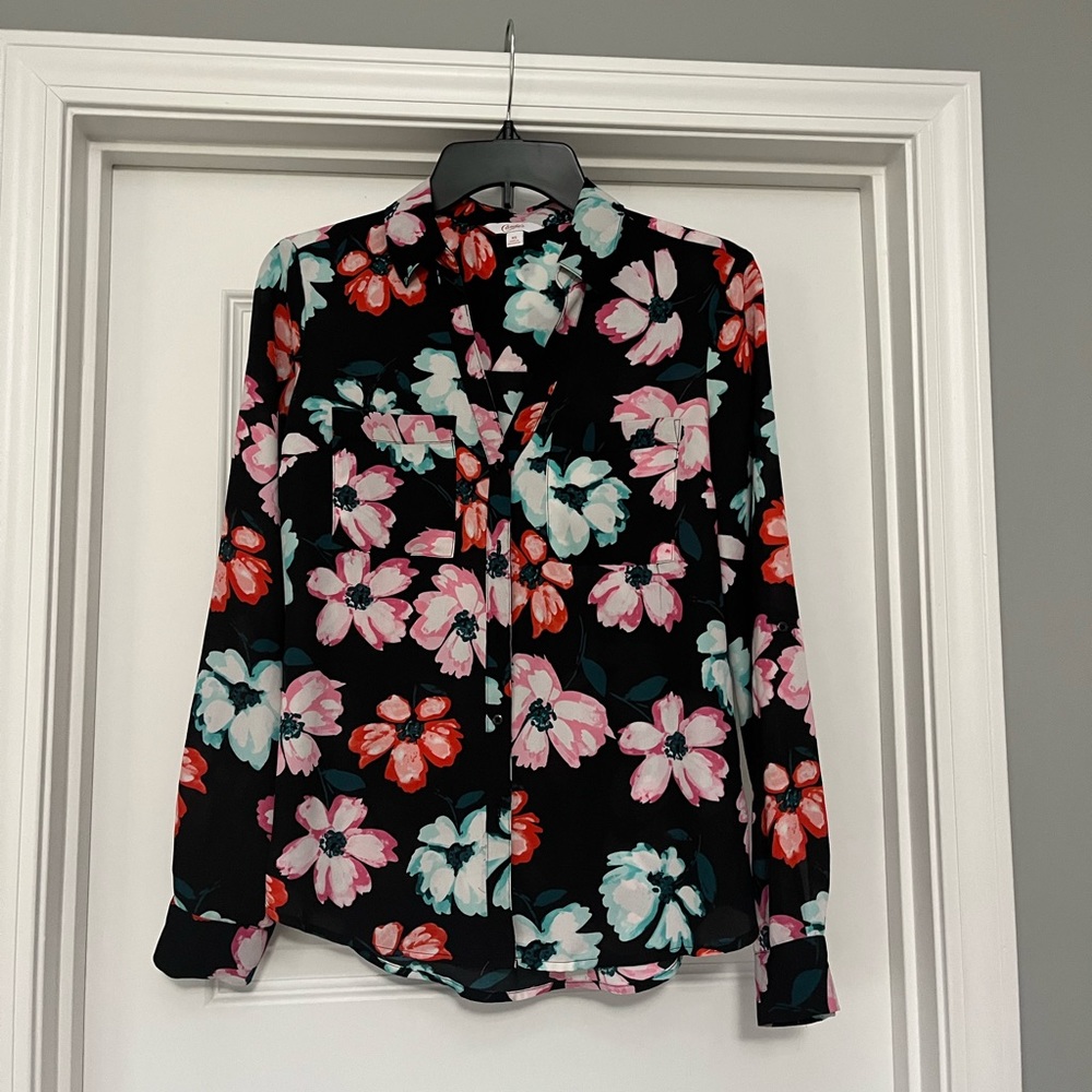 Candies Black Pink Turqoise Flower Button Down Blouse Sz XS